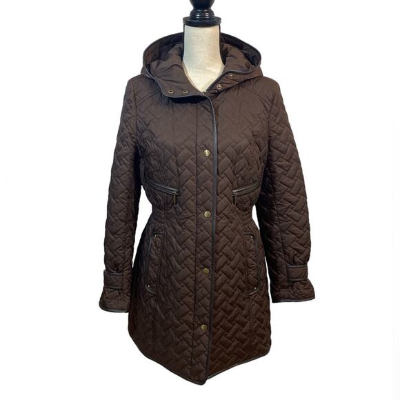 Cole Haan Chocolate Brown Quilted Coat with Lambskin Leather Trim Size Medium - Picture 1 of 11